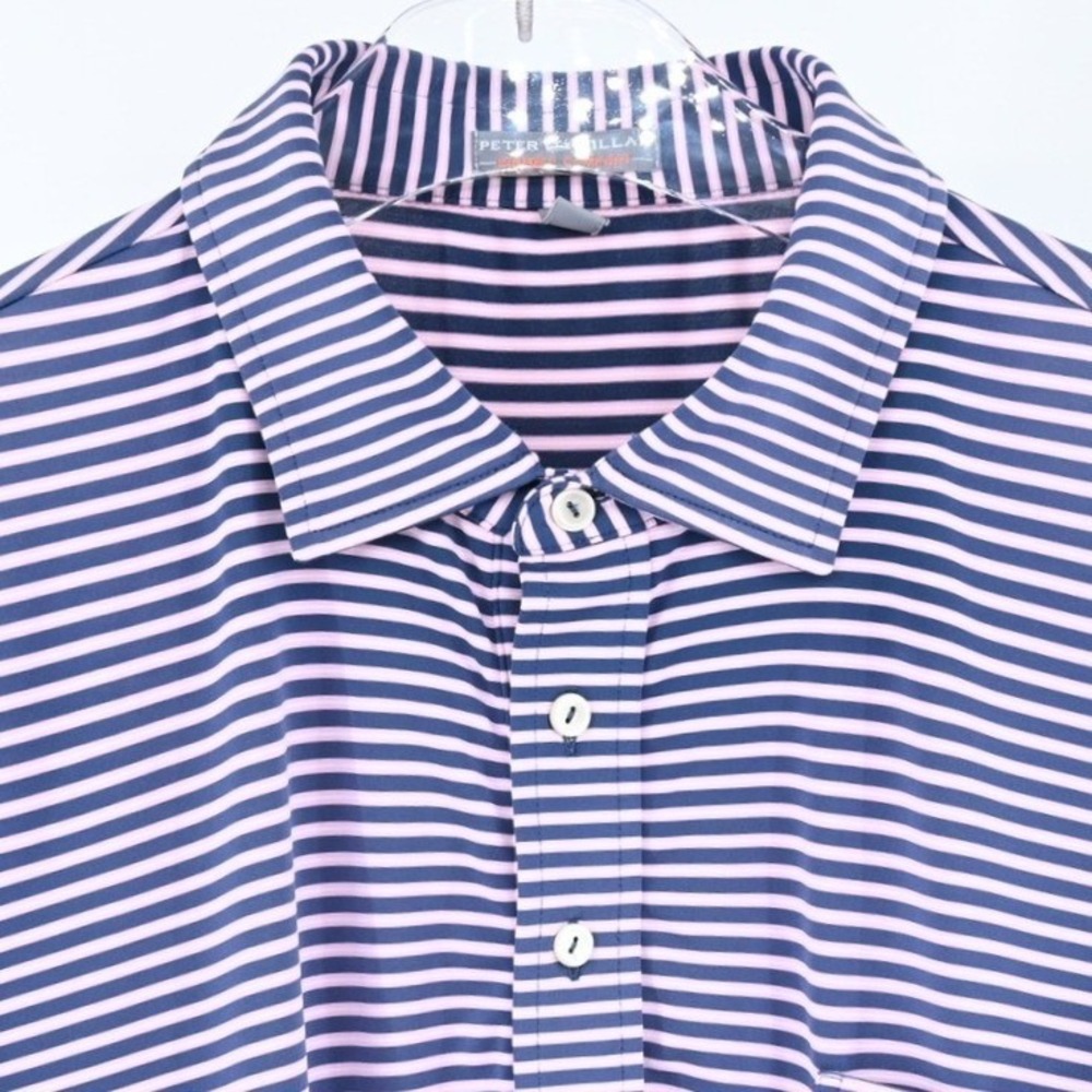 Peter Millar Summer Comfort Mens L Preppy Golf Polo Shirt Striped Pink Navy Blue